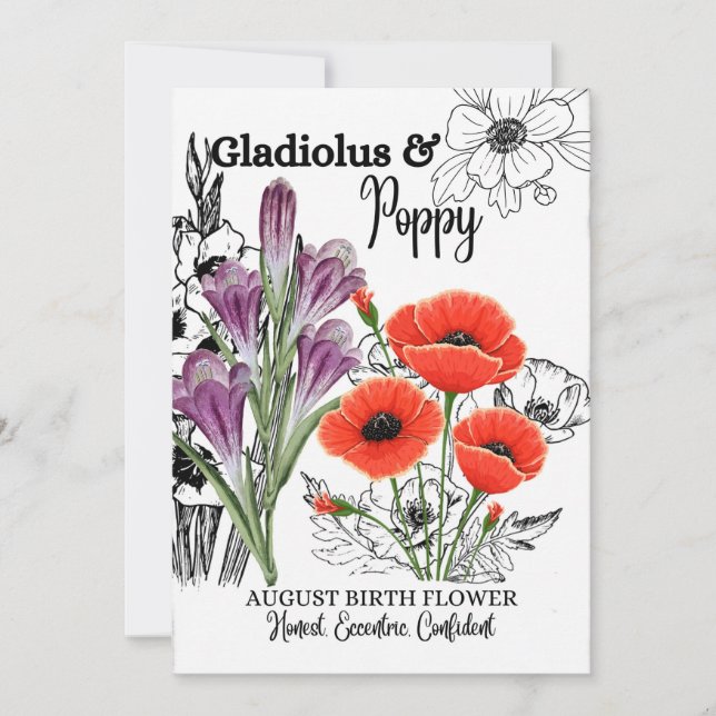 Birth Flower, August, Gladiolus, Poppy, Birthday Holiday Card (Front)