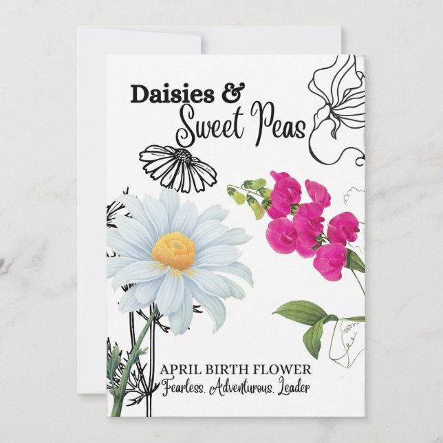 Birth Flower Card, April, Daisy, Sweet Pea Holiday Card (Front)