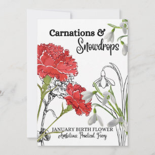 Birth Flower Card, January, Carnation, Snow Drop Holiday Card