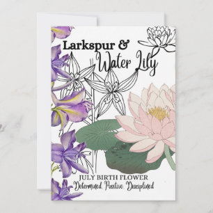 Birth Flower, July, Larkspur, Water Lily, Birthday Holiday Card