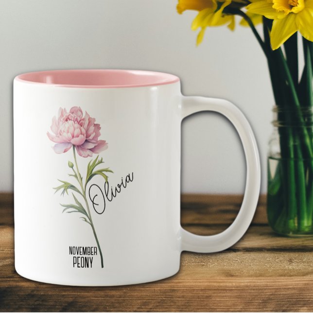 Birth Flower Month November Peony Name Two-Tone Coffee Mug (Creator Uploaded)