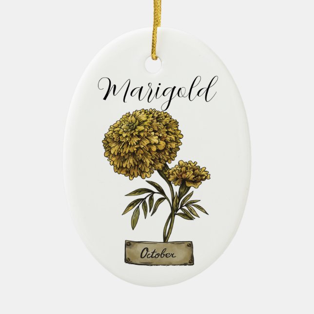 Birth Flower OCTOBER Birthday Marigold Ceramic Tree Decoration (Front)