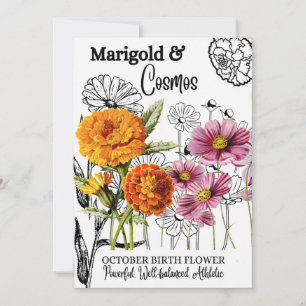 Birth Flower, October, Marigold, Cosmos, Birthday Holiday Card