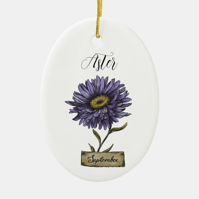 Birth Flower SEPTEMBER Birthday Purple Aster Ceramic Tree Decoration (Front)