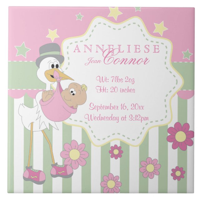 Birth Information - Pink Baby Girl Stork Tile (Front)