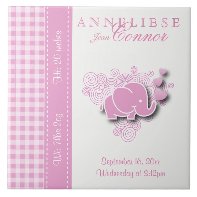 Birth Information - Pink & White  Baby Elephant Tile (Front)
