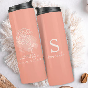 Birth Month Flower January Birthday Gift Monogram  Thermal Tumbler