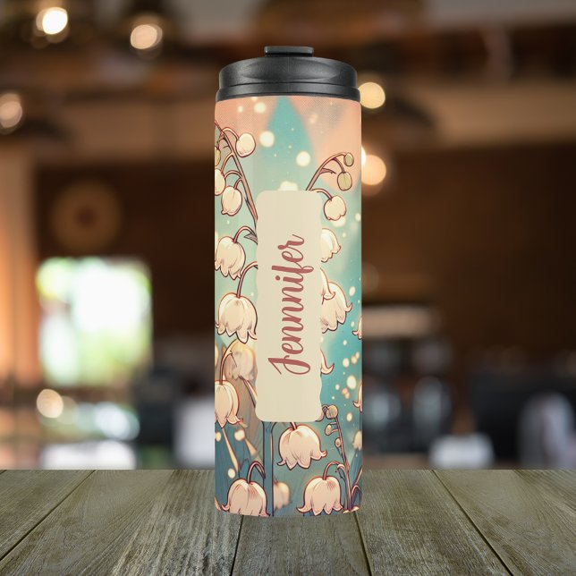 Birth Month Flower May Personalised 16 oz  Thermal Tumbler (Personalized 20 oz thermal tumbler with lily of the valley birth flower for May.)