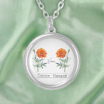 Birth Month Flower October Marigold Silver Plated Necklace<br><div class="desc">Birth month flower October Marigold necklace featuring an illustration of a marigold flower. Below the flower, the name is written in an elegant script font. Beneath the name, it states " October - Marigold" indicating that the owner's birth month is September and her birth flower is the gladiolus. It is...</div>