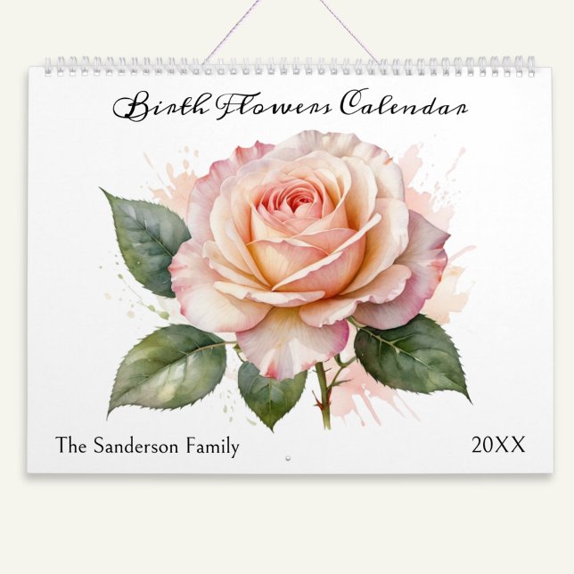 Birth Month Flowers Watercolor Personalised Calendar (A very pretty calendar with the theme of 'Birth Flowers', each illustrated in a watercolor style)