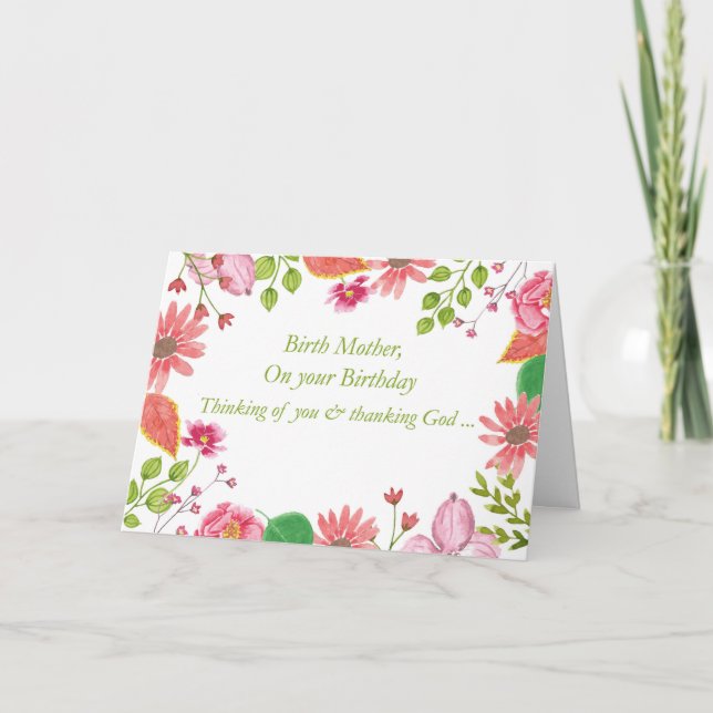 Birth Mother Watercolor Flowers Religious Birthday Card (Front)