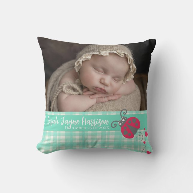 Birth newborn gift ladybug aqua green pillow (Front)