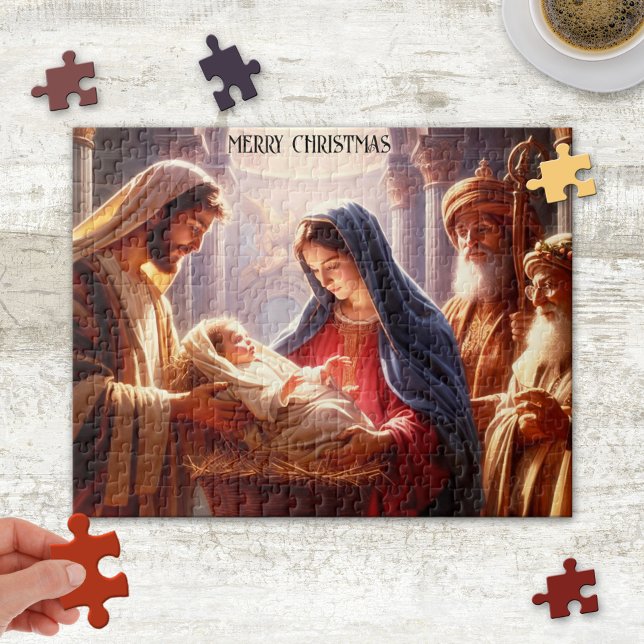 Birth of Jesus Christ Christmas Puzzle (Christmas puzzle featuring a painting of baby Jesus Christ with his parents and wise men.)