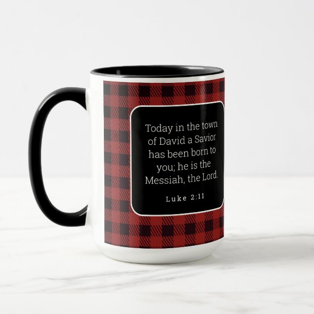 Birth of Jesus Red Gingham Acrylic Ornament Mug (Left)