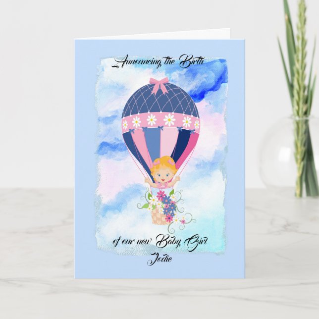 Birth of New Baby Girl with Hot Air Balloon Card (Front)