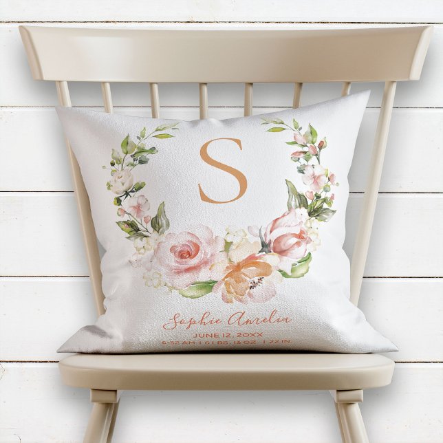 Birth Record Peach Coral Rose Floral Wreath Name Cushion (Creator Uploaded)