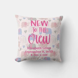 Birth Stat Elephants Rainbows Boho New To the Crew Cushion