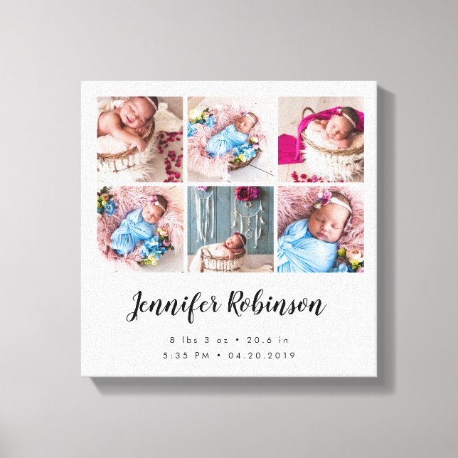 Birth Stat Photo Collage White Canvas Print (Front)