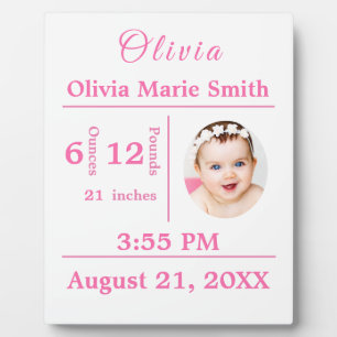 Birth Statistics Baby Girl Photo Nursery Decor Plaque