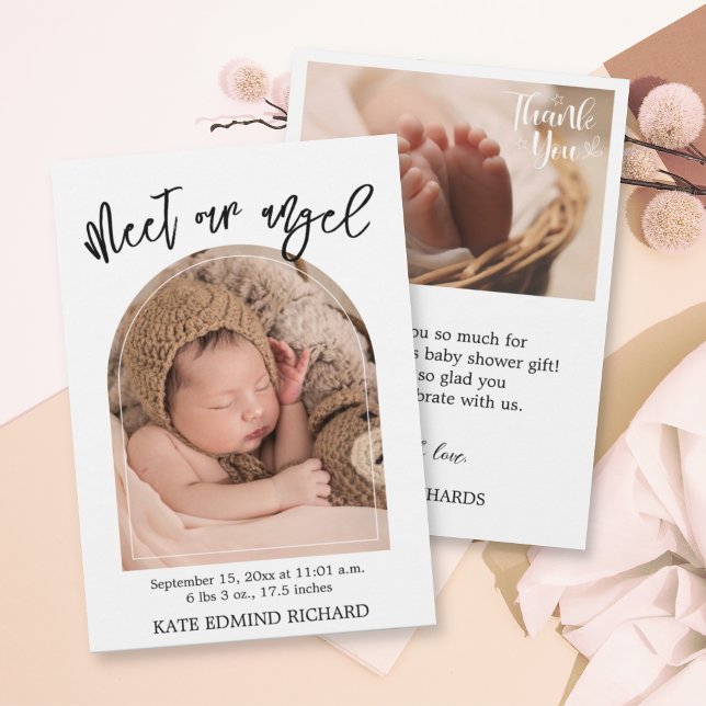 Birth Stats 2 Photo Handwritten Baby Shower Birth Announcement (Creator Uploaded)