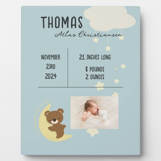 Birth Stats Baby Bear Shower Plaque Sign (Front)