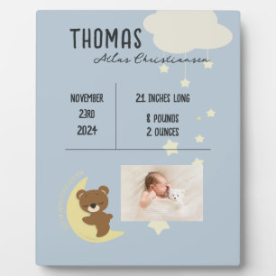 Birth Stats Baby Bear Shower Plaque Sign - Blue