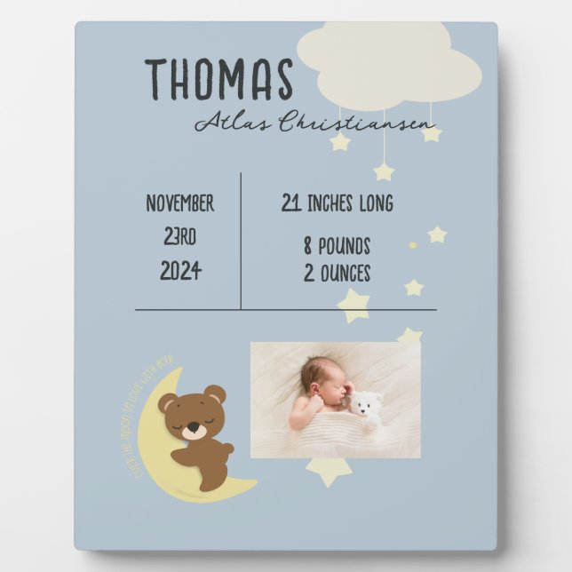 Birth Stats Baby Bear Shower Plaque Sign - Blue (Front)