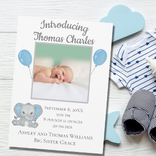 Birth Stats Baby Boy Blue Elephant Baby  Announcement