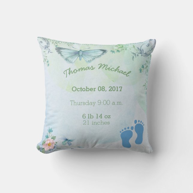 Birth Stats Baby Boy Butterfly Throw Pillow (Front)