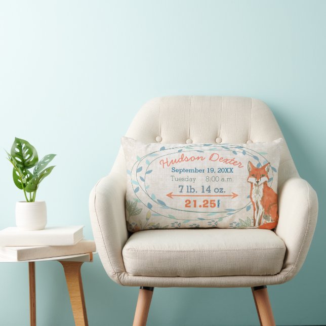 Birth Stats Baby Boy Forest Nursery Fox Lumbar Cushion (Chair)