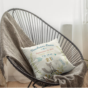 Birth Stats Baby Boy Woodland Creatures Fox Cushion