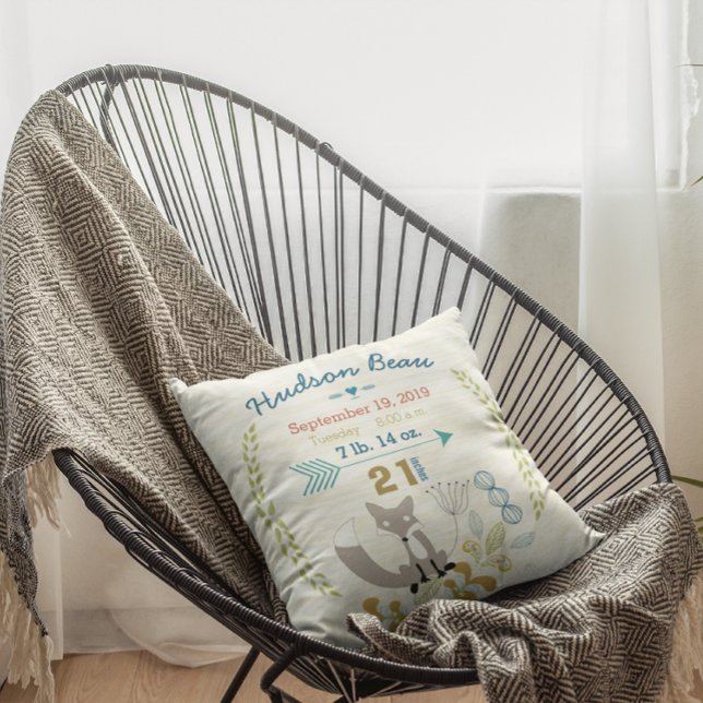 Birth Stats Baby Boy Woodland Creatures Fox Cushion (Creator Uploaded)