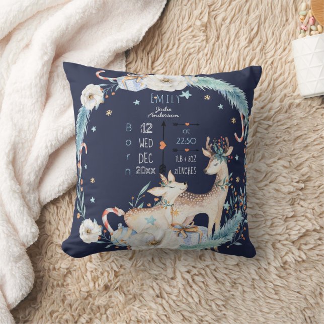 Birth Stats Baby Decor Watercolor Deer Flowers Cushion (Blanket)