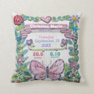 Birth Stats Baby Girl Butterfly with Flowers Cushion