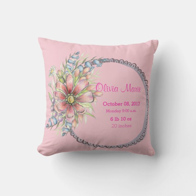 Birth Stats Baby Girl Floral Wreath Throw Pillow (Front)
