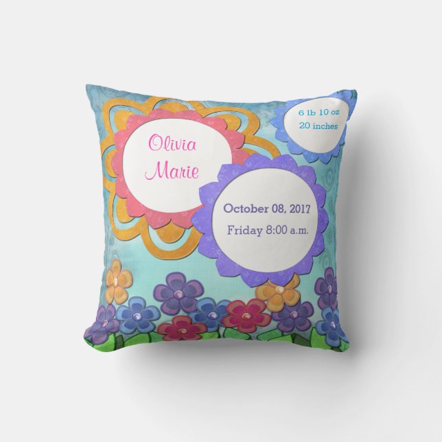 Birth Stats Baby Girl Flowers Throw Pillow (Front)