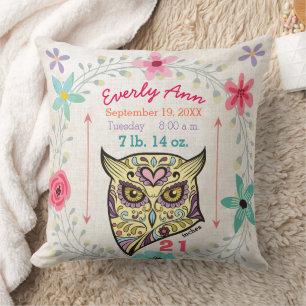 Birth Stats Baby Girl Forest Creature Owl Cushion