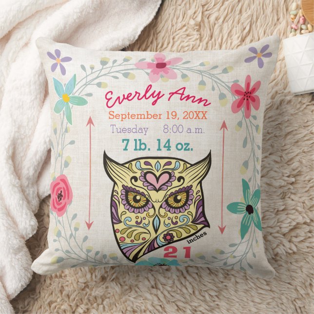 Birth Stats Baby Girl Forest Creature Owl Cushion (Blanket)