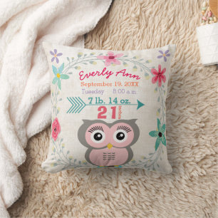 Birth Stats Baby Girl Forest Creature Pink Owl Cushion