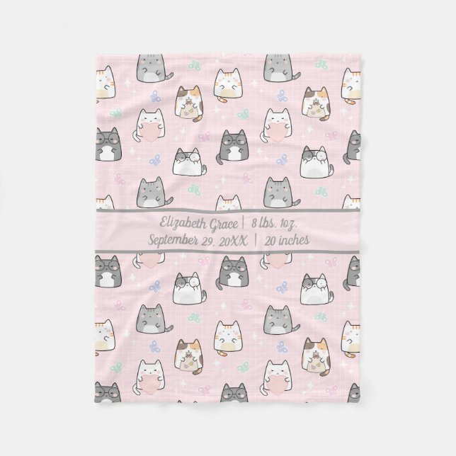 Birth Stats Baby Girl Gift Cute Cats Grey Pink   B Fleece Blanket (Front)