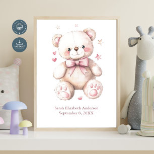 Birth Stats Baby Girl Pink Teddy Bear   Poster