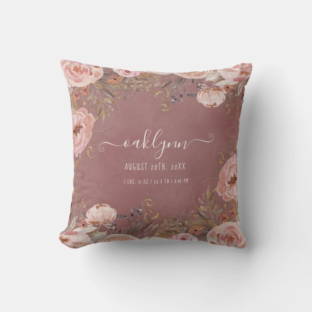 Birth Stats Baby Girl Watercolor Floral Dusty Rose Cushion (Front)
