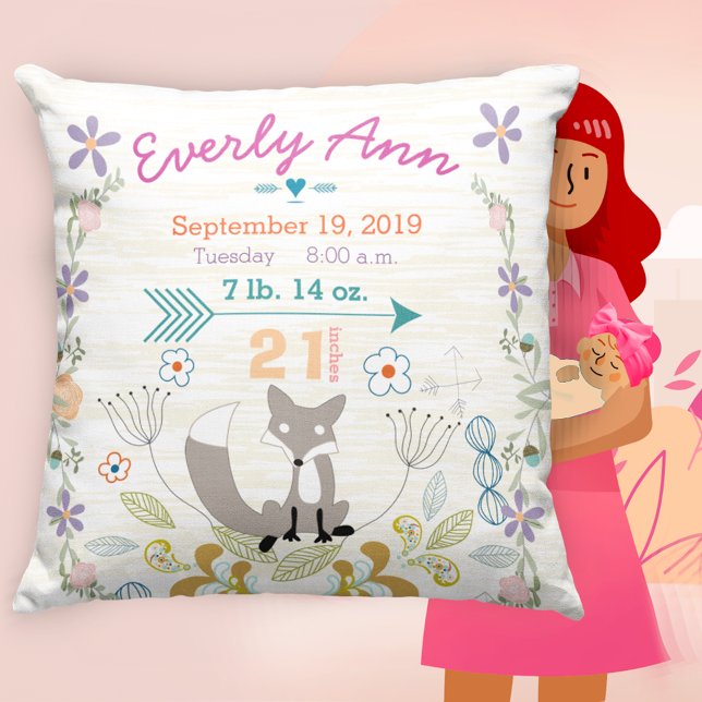 Birth Stats Baby Girl Woodland Creatures Fox Cushion (Creator Uploaded)