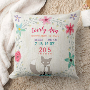 Birth Stats Baby Girl Woodland Forest Creature Fox Cushion