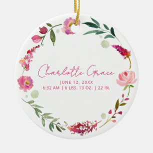 Birth Stats Baby Photo Pink Watercolor Floral Ceramic Tree Decoration