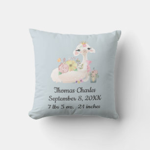 Birth Stats Blue White Llama Baby Boy Gift Cushion