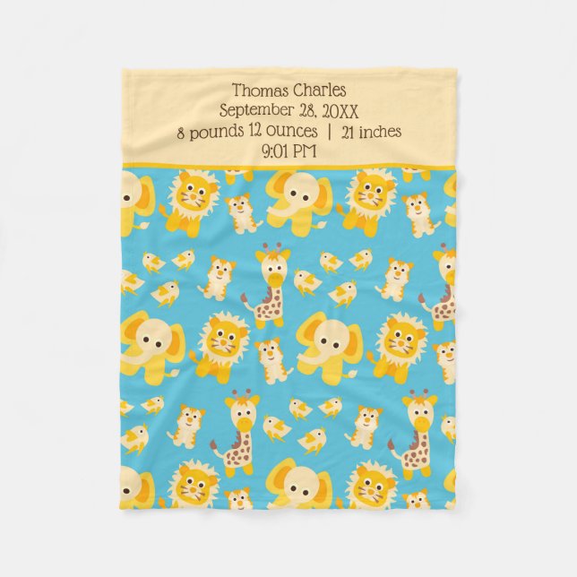 Birth Stats Blue Yellow Jungle Safari Animals Boy Fleece Blanket (Front)