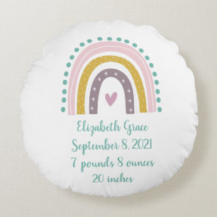 Birth Stats Boho Rainbow Pink Teal Gold Hearts  Round Cushion