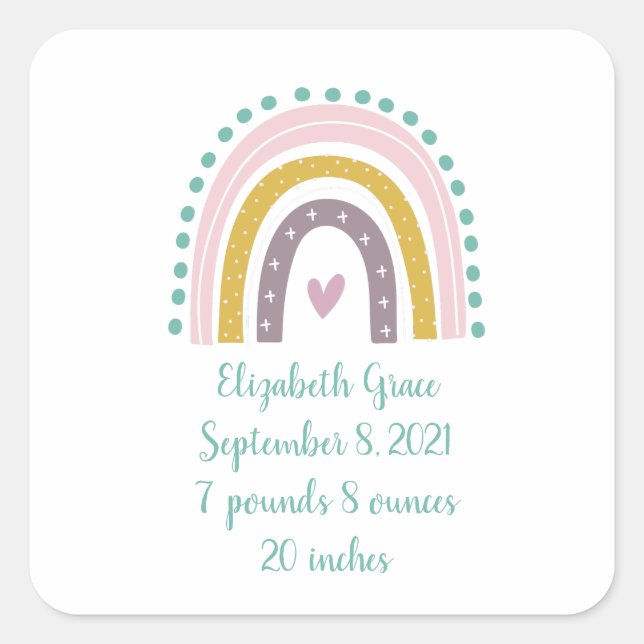 Birth Stats Boho Rainbow Pink Teal Gold Hearts  Square Sticker (Front)