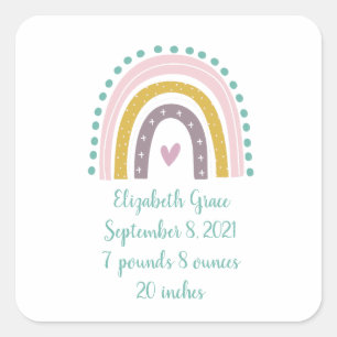 Birth Stats Boho Rainbow Pink Teal Gold Hearts  Square Sticker